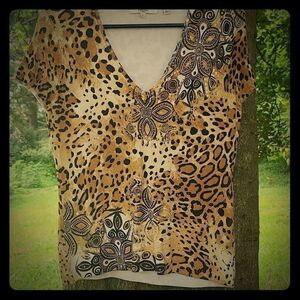 Vertigo Paris Animal print beaded v-neck blouse